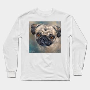 Contemporary Painting of a Gorgeous Pug in Blue Beige Background Long Sleeve T-Shirt